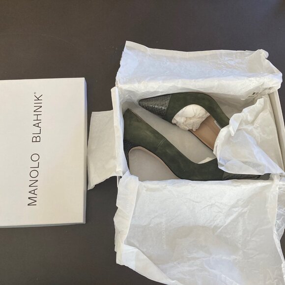 Manolo Blahnik Bipunta Leather Suede Olive Green Pumps Heels IOB EU 37.5 US 7 - Picture 12 of 16